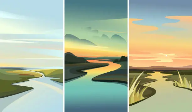 Vector illustration of Collection of landscapes with river running among hills.
