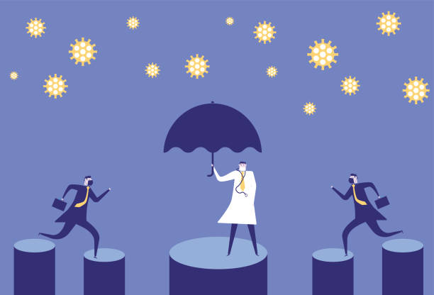 ilustrações de stock, clip art, desenhos animados e ícones de the two men ran to an umbrella doctor who protected people threatened by the virus - umbrella men business businessman