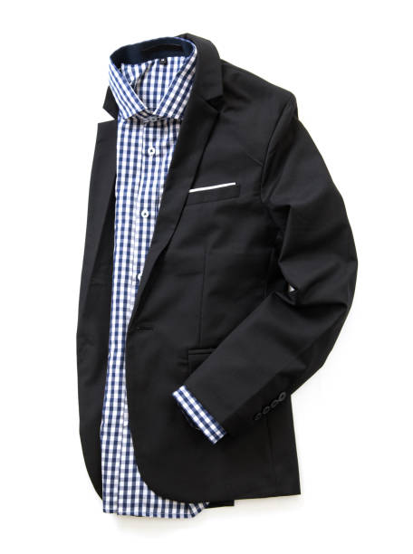 istock Black suit and blue shirt isolated on a white background. Top view 1219377561