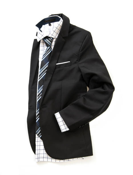 istock Blue jacket and office shirt with tie isolated on a white background. Top view 1219377565