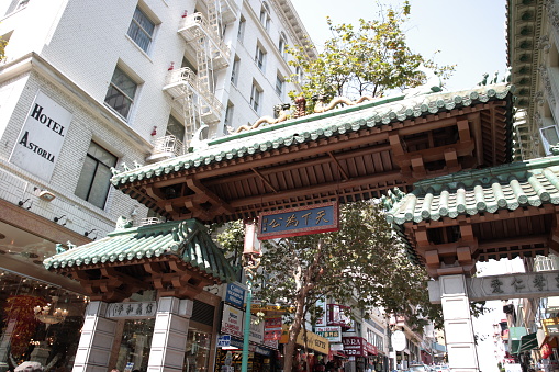 Historic Dragon Gate Arch entrance in San Francisco, California, USA.