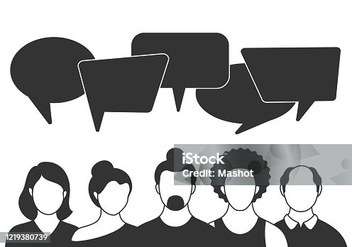 istock People avatars with speech bubbles. Men and woman communication, talking llustration. Coworkers, team, thinking, question, idea, brainstorm concept. 1219380739