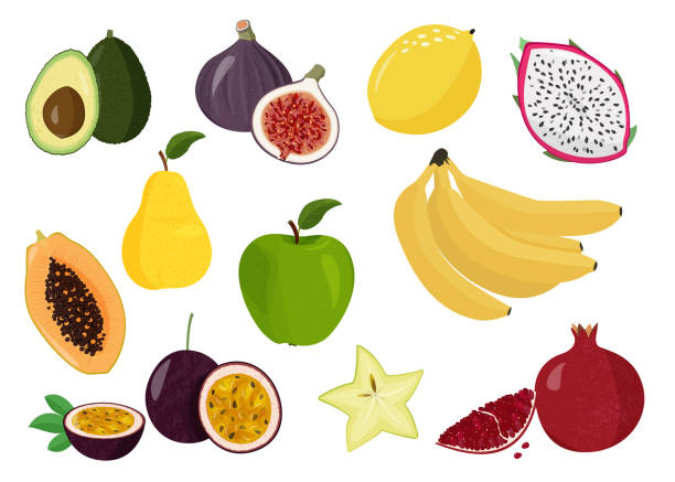 illustrazioni stock, clip art, cartoni animati e icone di tendenza di raccolta vettoriale di frutta fresca. set di frutti dolci. limone, papaia, frutto del drago, melograno, frutto della passione, banana, frutta stellata, pera e mela. - fig apple portion fruit