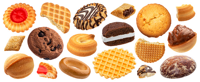 Cakes, cookies, crackers and waffles collection isolated on white background with clipping path