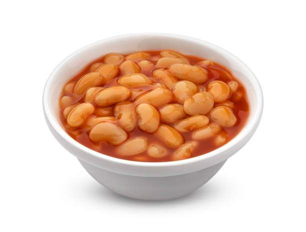 Baked beans in tomato sauce isolated on white background