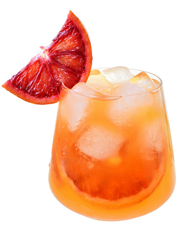 orange fresh juice cocktail with ice isolated on a white background.