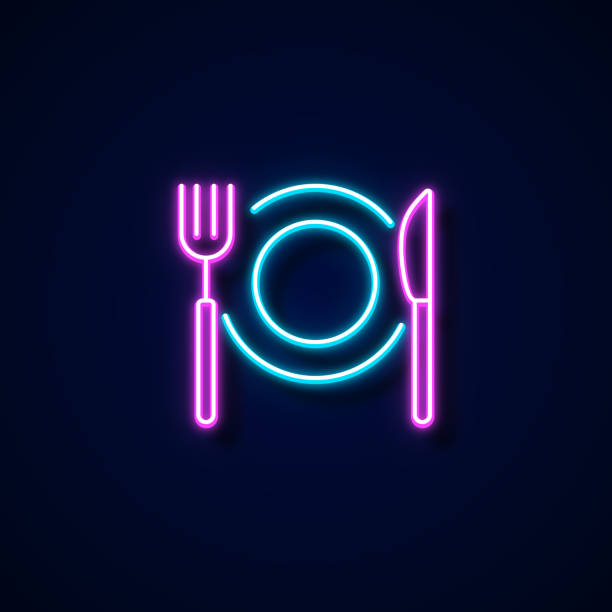 ilustrações de stock, clip art, desenhos animados e ícones de restaurant icon neon style, design elements - sign diner restaurant food