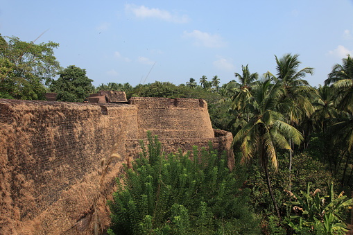 Stone walls of the Bekal Fort in Kasargod, Kerala, India