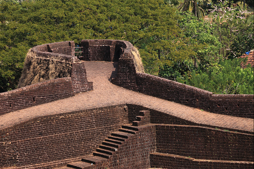 Stone walls of the Bekal Fort in Kasargod, Kerala, India