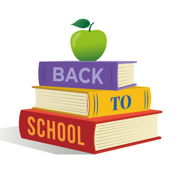 zurück zur schule banner-design. - textbook book apple school supplies stock-grafiken, -clipart, -cartoons und -symbole