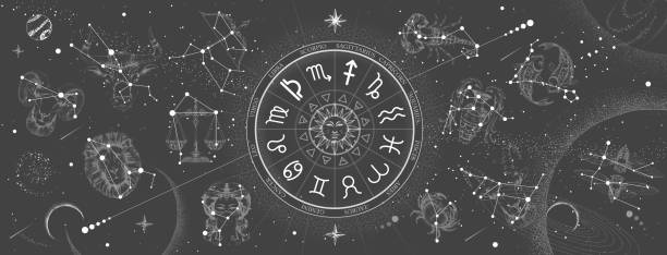 istock Astrology wheel with zodiac signs on constellation map background. Realistic illustration of  zodiac signs. Horoscope vector illustration 1219392914