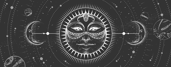 Ilustración de Tarjeta De Brujería Mágica Moderna Con Sol De Astrología Y Signo Lunar Con Rostro Humano En El Fondo Del Espacio Exterior Día Y Negro Ilustración Vectorial De Dibujo A Mano Ilustración de Tarjeta De Brujería Mágica Moderna Con Sol De Astrología Y Signo Lunar Con Rostro Humano En El Fondo Del Espacio Exterior Día Y Negro Ilustración Vectorial De Dibujo A Mano