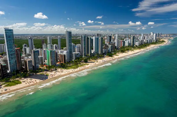 Boa Viagem Beach, Recife, Pernambuco. The most famous urban beach in the city, approximately eight kilometers long. Aerial view