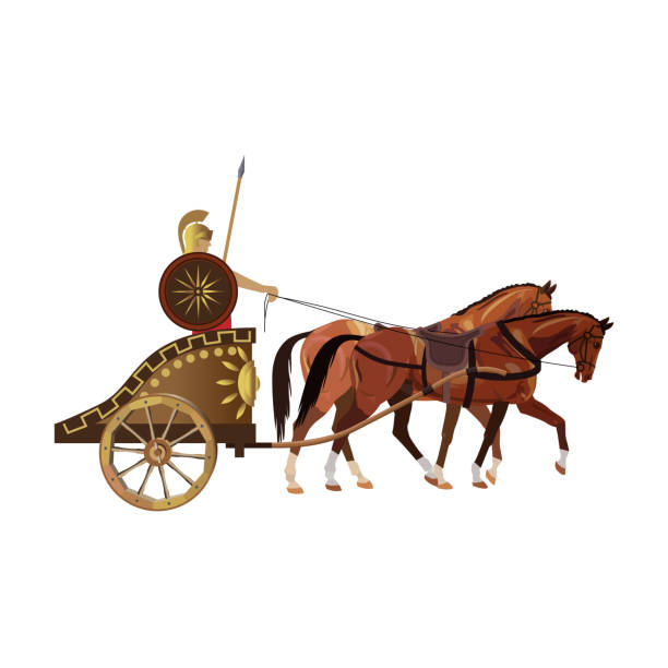 ilustrações, clipart, desenhos animados e ícones de guerreiro romano em uma antiga carruagem de guerra desenhada por dois cavalos - chariot