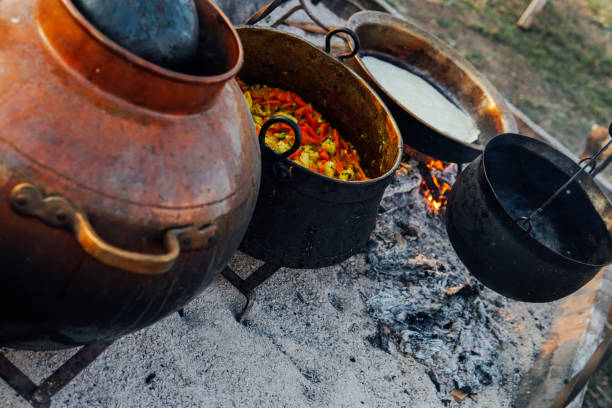 가마솥의 음식은 불에 요리된다 - soup photography pan hungary 뉴스 사진 이미지