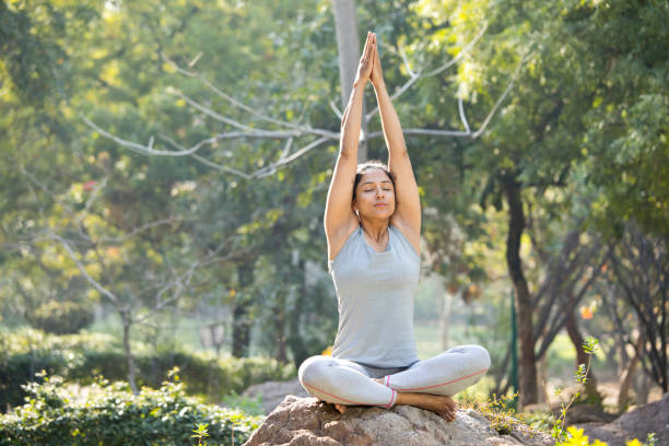 istock Woman in sportswear practicing yoga tree pose at park 1219398689
