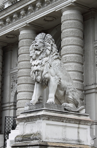 Lion sculpture, former pillar base of the Gothic guardhouse built in 1827, architect A. A. Menelas in Alexandria garden, Peterhof, Russia