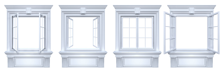 Closed and open vintage windows with classic decor. Set of openings with cornice frame isolated on white with copy space