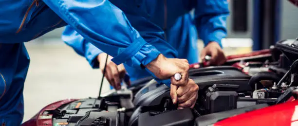 Photo of banner of automobile mechanic man and team checking car damage broken part condition, diagnostic and repairing vehicle at garage automotive, motor technician maintenance after service concept