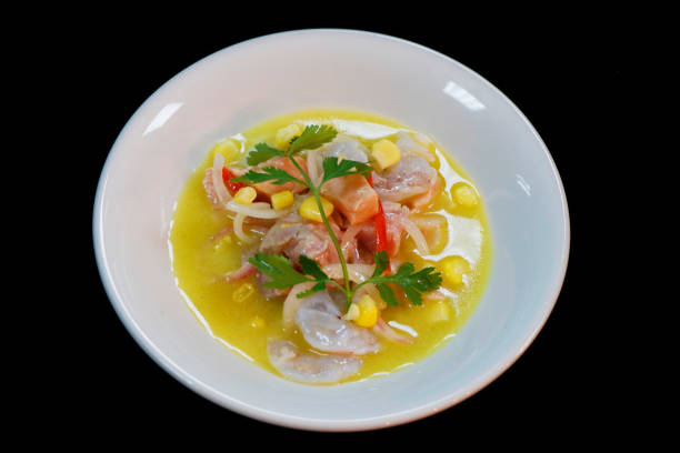 istock Peruvian seafood ceviche in a bowl with black ground 1219401628