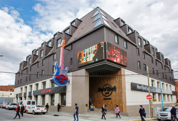 Ushuaia, Argentina-February 22, 2020: Hard Rock cafe building .\n Hard Rock Cafe is a chain of themed restaurants founded in 1971 by Americans Tigret Tom and Morton in London.