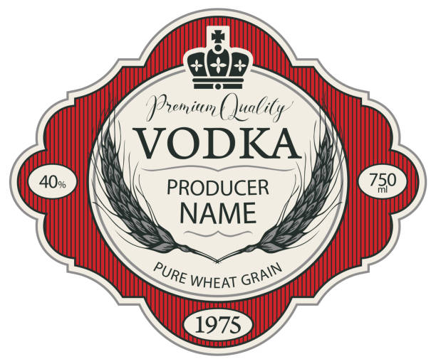 illustrazioni stock, clip art, cartoni animati e icone di tendenza di etichetta vettoriale per vodka con spighe di grano e corona - aperitivo