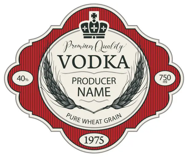 Vector illustration of vector label for vodka with wheat ears and crown