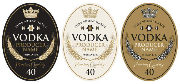 set of labels for vodka with wheat ears and crown Set of vector labels for vodka in an oval frame with wheat ears, crown and inscriptions in retro style. Premium quality, pure wheat grain, strong alcoholic beverage collection Gin stock illustrations