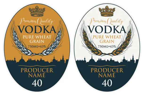 Vector illustration of set of labels for vodka with wheat ears and crown