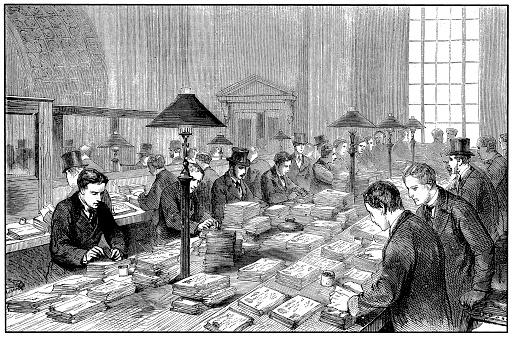Illustration of the Bank of England. The banknote accounting chamber