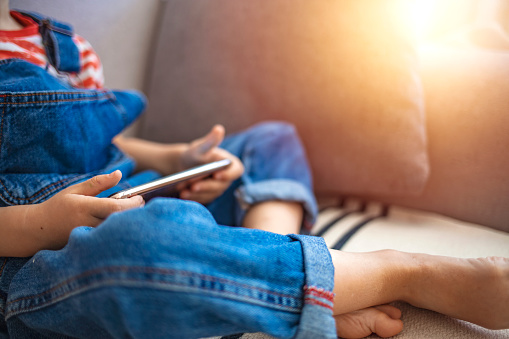 Adorable toddler boy sitting on the sofa in the living room and playing with smartphone. Child learning how to use smartphone. Boy texting on the phone. - technology and lifestyle concept.