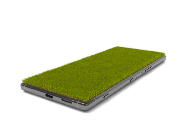 istock Smartphone with grass covered screen. Mobile phone isolated on a white background with copy space. Realistic grass grows on display. Creative conceptual illustration. 3D rendering. 1219413007