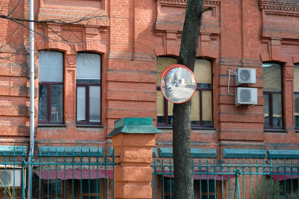 istock Security panoramic mirror mounted on a tree trunk in the city. 1219413579