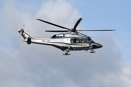 The Helicopter HB-ZQK (AgustaWestland AW139) hovering over Zurich Airport during the annuall World Economic Forum (WEF) in Davos.