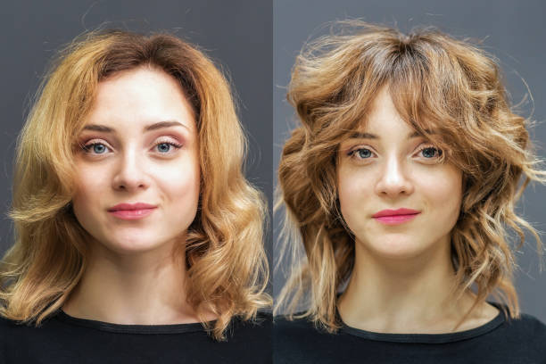 Perfect curls hair. Hair of woman before and after treatment for perfect curls. shaggy fur stock pictures, royalty-free photos & images