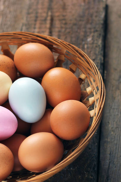 istock Eggs in a basket on a wooden background. Eggs in a basket. Eggs close up. Colored eggs 1219416657
