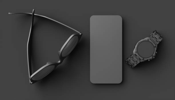 glasses next to a cell phone and a wristwatch on a black background, 3d illustration