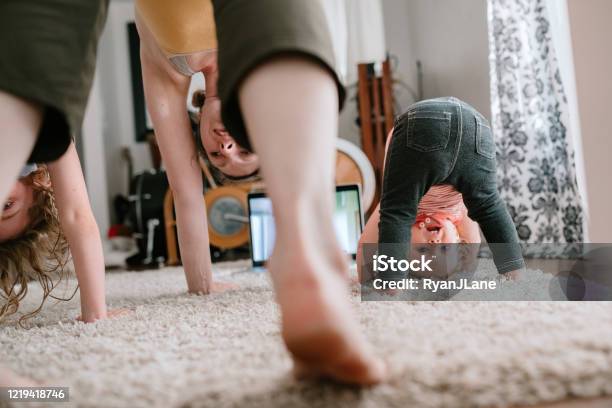 Family Doing Home Workout Online Class Stock Photo - Download Image Now - Family, Child, Domestic Life