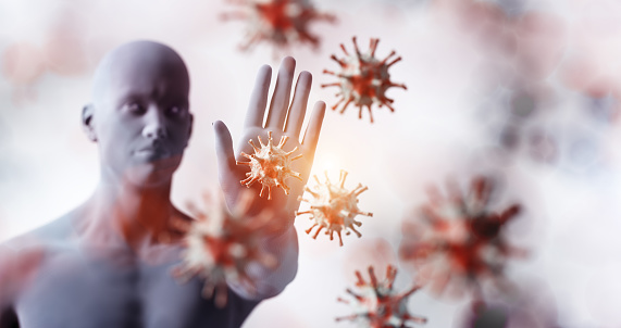 Man stopping coronavirus. Immune system defends from corona virus COVID-19. 3D render