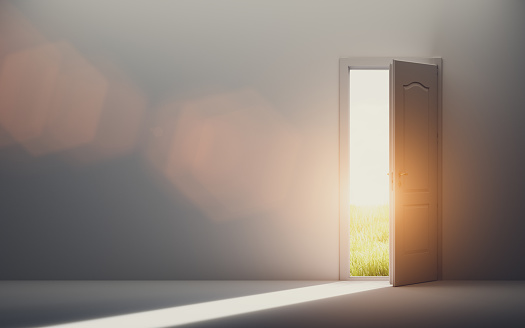 Door open to new better world, positive optimistic future. Hope concept. 3D illustration