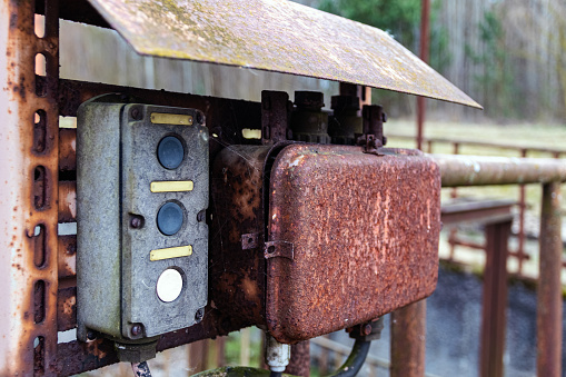 Old, rusty electrical control box. Close-up.