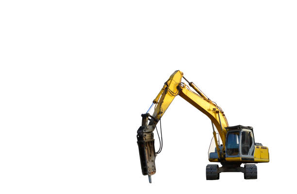 Excavator with hydraulic hammer isolated on white background. Isolation of Backhoe for the destruction of concrete and hard rock. Hydraulic breaker excavator attachments. Rock breaker Machine