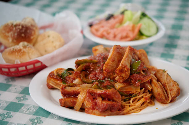 istock Sausage pasta served on the table 1219423135