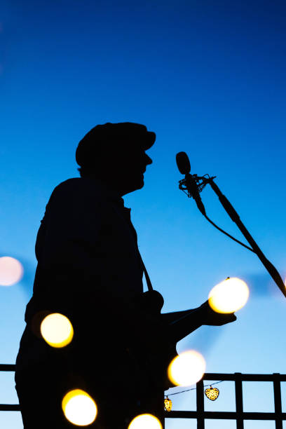 istock Shape of man singing on a night live concert with microphone. 1219423774