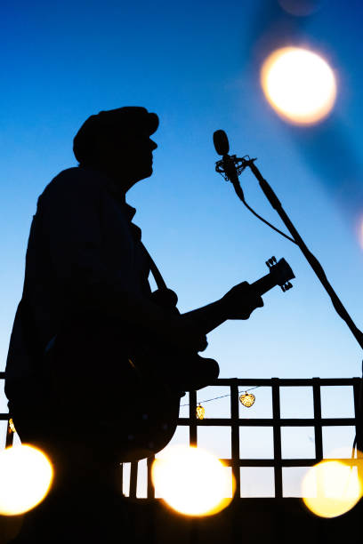 istock Music star performing with a guitar at sunset. 1219423820