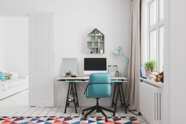 interior de la oficina del hogar - chair desk white office fotografías e imágenes de stock