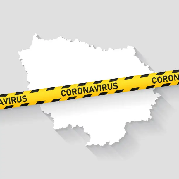 Vector illustration of Ile-de-France map with Coronavirus caution tape. Covid-19 outbreak