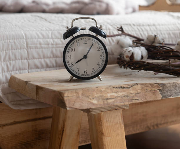 istock retro alarm clock on wooden table 1219430111