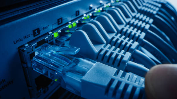 istock Close-up Macro Shot: Person Plugs in RJ45 Internet Connector into LAN Router Switch. Information Communication Network with Data Cable Being Connected to Port with Blinking Lights. Blue Background 1219430121