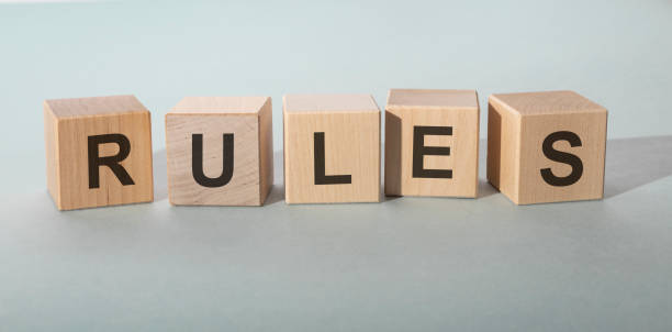 istock Rules Word In Wooden Cubes on grey blue background 1219430130